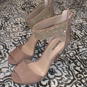 Bebe taupe suede open toed heels with ankle straps